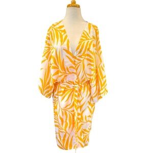 Maison Du Soir Yellow Magnolia Luxe Robe Kimono Coverup Tropical Palm Print  M/L